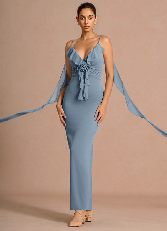 Blue Mermaid Spaghetti Strap Ruffled Floor-Length Wedding Dress - Yihuiw by Yihuiw