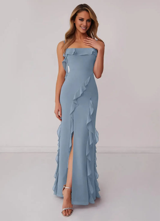 Blue Spaghetti Strap Chiffon High Slit Floor-Length Wedding Dress - Yihuiw by Yihuiw