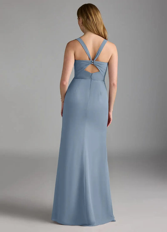 Blue Mermaid Square Neck Chiffon High Slit Floor-Length Wedding Dress - Yihuiw by Yihuiw