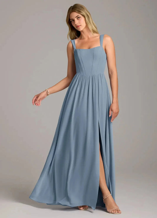 Dusty Blue Square Neck Maxi Dress with Side Slit Blue A-Line Side Slit Chiffon Dress Bridesmaid Dresses by YiHuiw