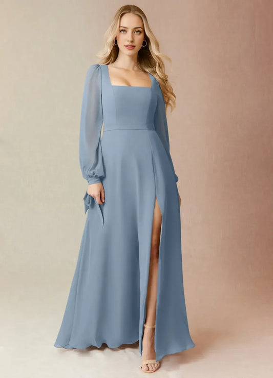 Blue A-Line Square Neck Chiffon Long Sleeve High Slit Floor-Length Wedding Dress - Yihuiw by Yihuiw