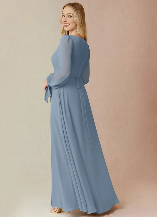 Blue A-Line Square Neck Chiffon Long Sleeve High Slit Floor-Length Wedding Dress - Yihuiw by Yihuiw