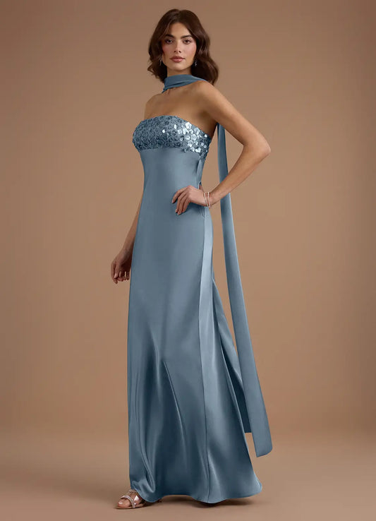 Blue Mermaid Halter Satin Floor-Length Wedding Dress - Yihuiw by Yihuiw