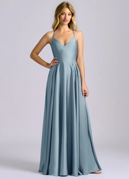 Blue A-Line V-Neck Satin Floor-Length Wedding Dress - Yihuiw by Yihuiw
