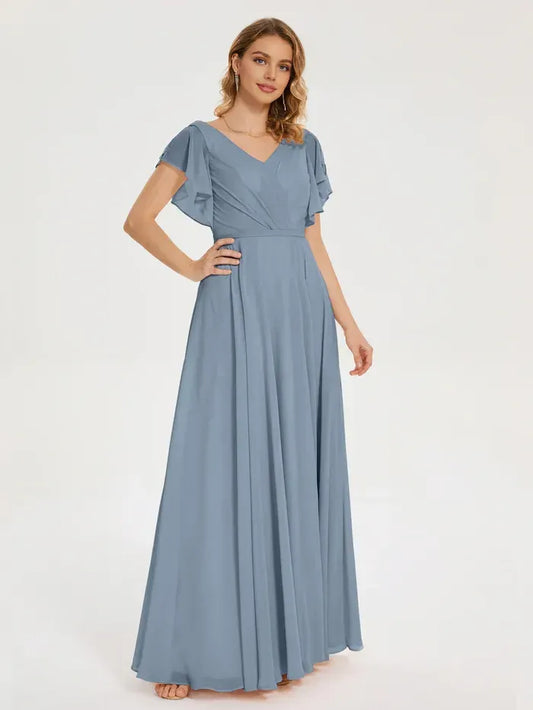 Blue A-Line V-Neck Chiffon Short Sleeve High Slit Floor-Length Wedding Dress - Yihuiw by Yihuiw