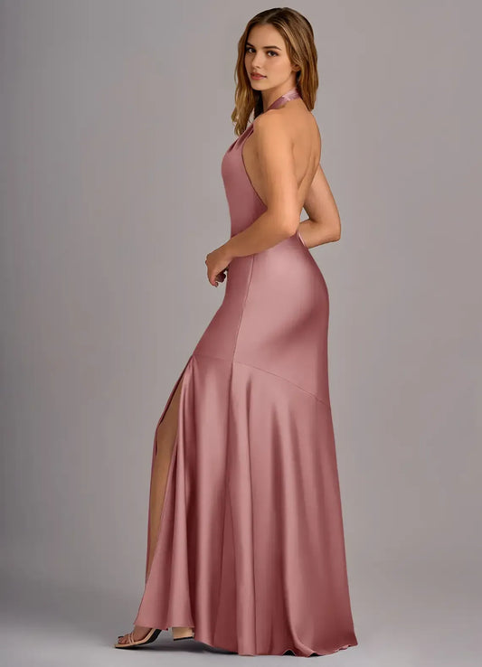 Dusty Pink Mermaid Halter Satin Open Back High Slit Floor-Length Wedding Dress - Yihuiw by Yihuiw