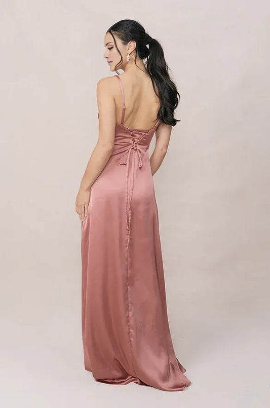 Dusty Rose Mermaid Spaghetti Strap Satin Lace-Up Back High Slit Floor-Length Wedding Dress - Yihuiw by Yihuiw