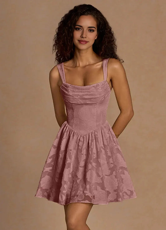 Dusty Rose Floral Jacquard Mini Dress with Lace - Up Back Ivy Light Pink Mini Dress Homecoming Dresses by YiHuiw