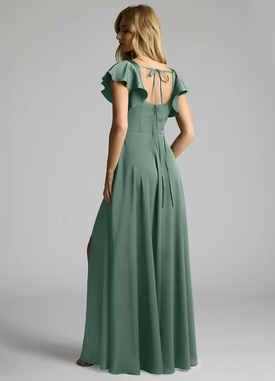 Square Neck Satin Short Sleeve High Slit Floor-Length Wedding Dress - Yihuiw by Yihuiw
