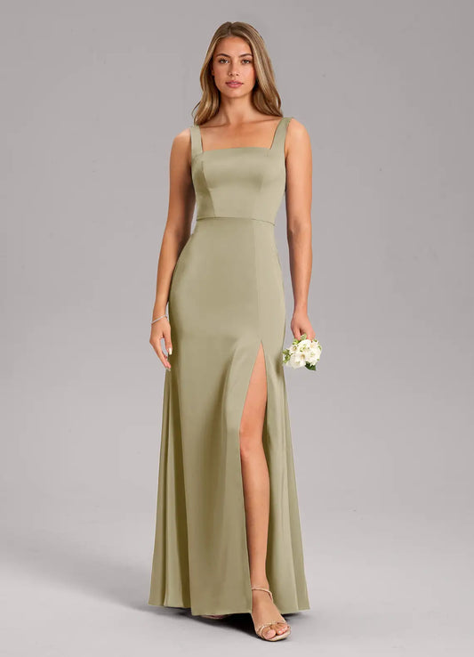 Mermaid Square Neck Satin High Slit Floor-Length Wedding Dress - Yihuiw by Yihuiw