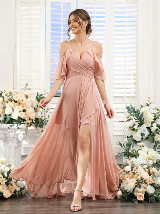 Spaghetti Strap Chiffon High Slit Wedding Dress - Yihuiw by Yihuiw