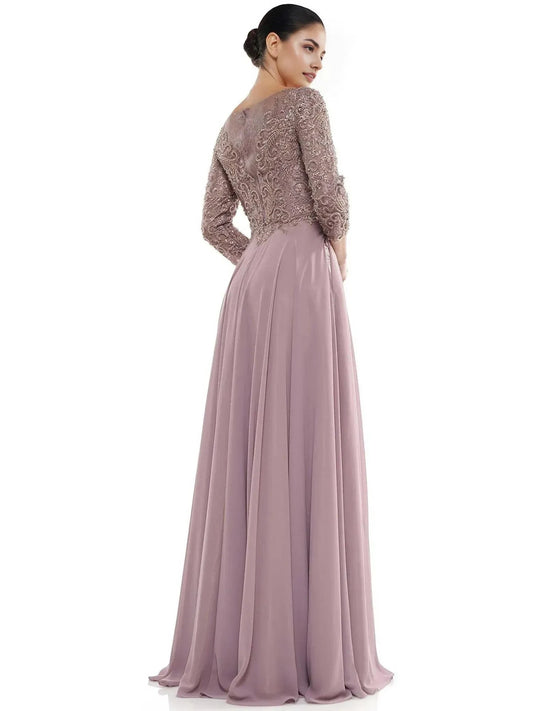 Elegant A-Line Boat Neck Three Quarter Sleeve Embellished Back Floor Length Prom Dress by YiHuiw