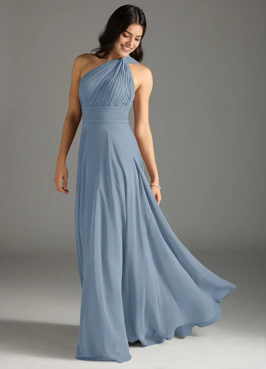 A-Line One-Shoulder Pleated Floor-Length Wedding Dress - Yihuiw by Yihuiw