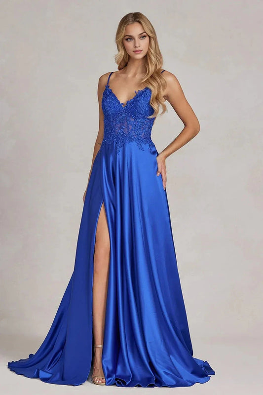 Elegant A-Line V-Neck Spaghetti Strap Lace Back Floor Length For Ladies Prom Dress by YiHuiw