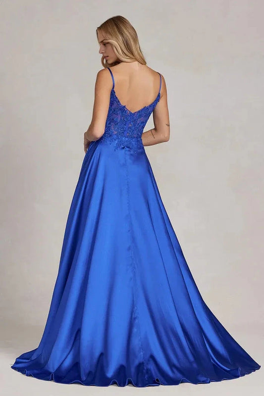 Elegant A-Line V-Neck Spaghetti Strap Lace Back Floor Length For Ladies Prom Dress by YiHuiw