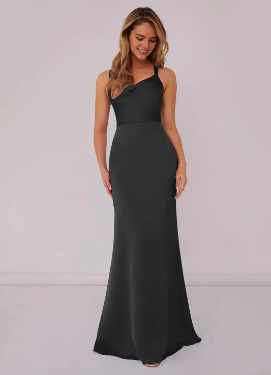 Elegant Black Asymmetrical Neckline Mermaid Evening Gown Mermaid Pleated Stretch Satin Dress Bridesmaid Dresses by YiHuiw