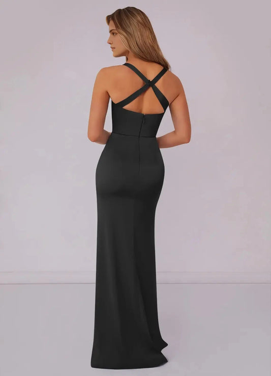 Elegant Black Asymmetrical Neckline Mermaid Evening Gown Mermaid Pleated Stretch Satin Dress Bridesmaid Dresses by YiHuiw