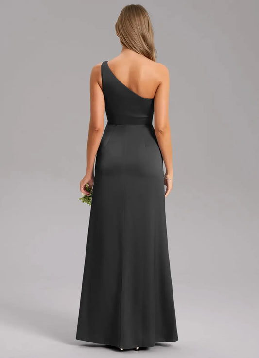 Black One-Shoulder Satin High Slit Floor-Length Wedding Dress - Yihuiw by Yihuiw