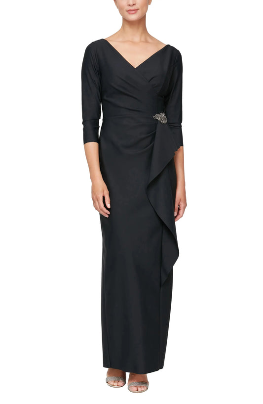Elegant Draped Sheath V Neck Three Quarter Sleeve Zipper Back Floor Length Female Prom Dress by YiHuiw