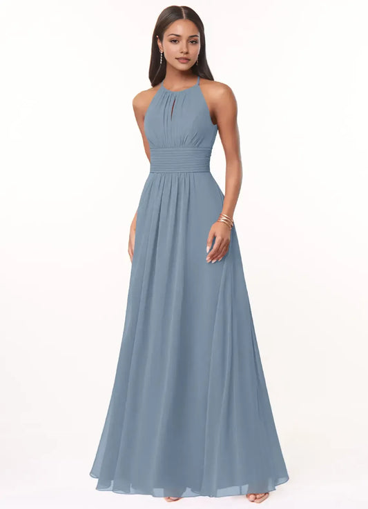 Blue A-Line Halter Sleeveless Floor-Length Wedding Dress - Yihuiw by Yihuiw