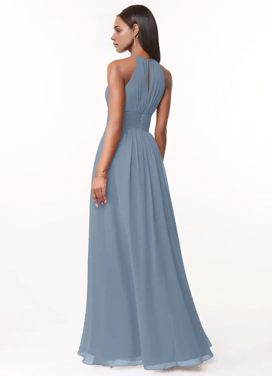 Blue A-Line Halter Sleeveless Floor-Length Wedding Dress - Yihuiw by Yihuiw
