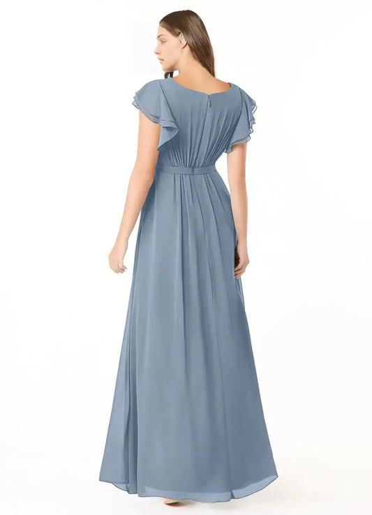 Blue A-Line Ruffled Floor-Length Wedding Dress - Yihuiw by Yihuiw
