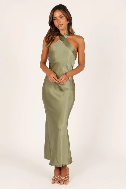 Halter Satin Backless Floor-Length Wedding Dress - Yihuiw by Yihuiw