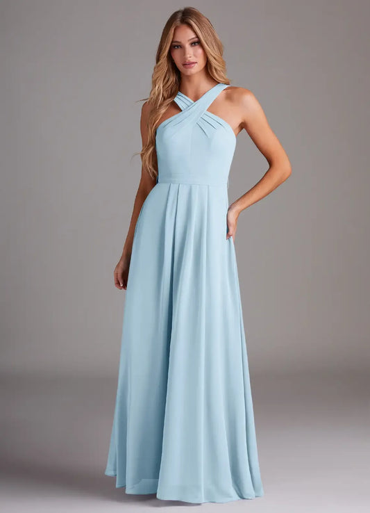 Light Blue A-Line Halter Sleeveless Floor-Length Wedding Dress - Yihuiw by Yihuiw