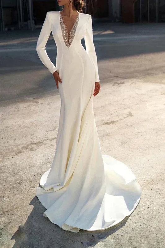 Mermaid V-Neck Satin Floor-Length Wedding Dress - Yihuiw by Yihuiw