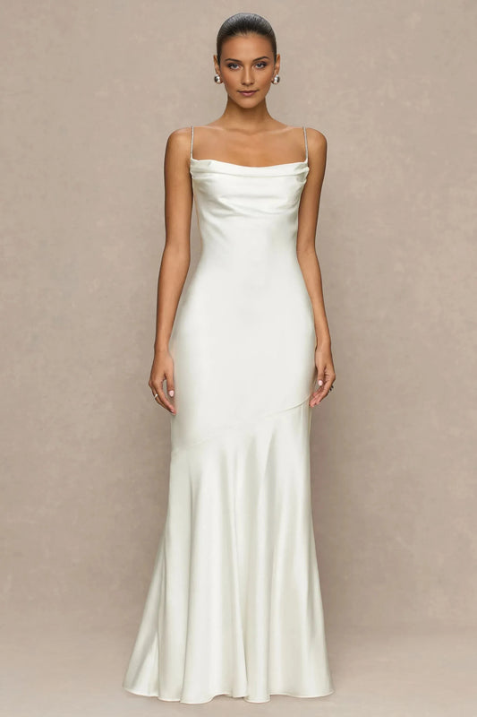 Elegant Mermaid Cowl Neck Sleeveless Crystal Strap Open Back Floor Length Prom Dress by YiHuiw