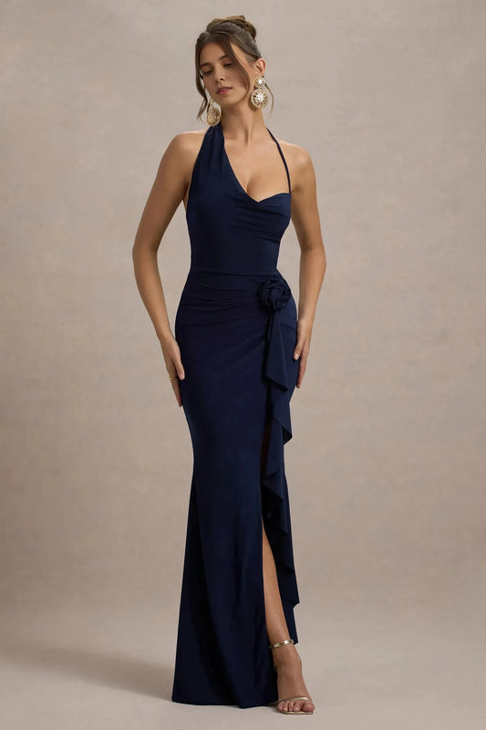 Elegant Mermaid Halter Neck Sleeveless Open Back Ruffled High Slit Floor Length Prom Dress by YiHuiw