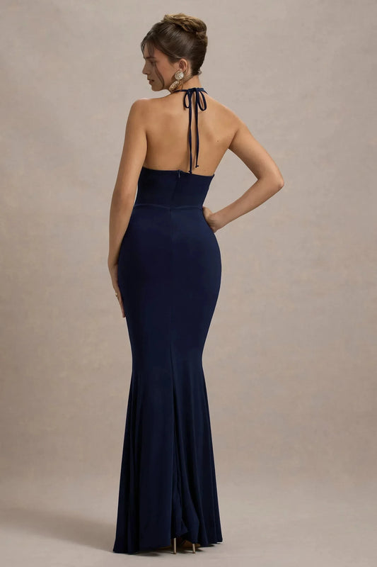 Elegant Mermaid Halter Neck Sleeveless Open Back Ruffled High Slit Floor Length Prom Dress by YiHuiw