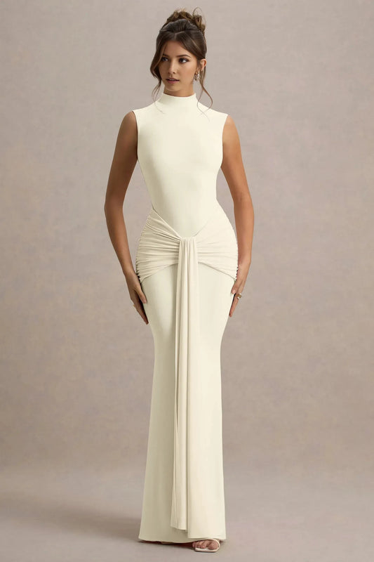 Elegant Mermaid High Neck Sleeveless Ruched Knot Floor Length Prom Dress by YiHuiw
