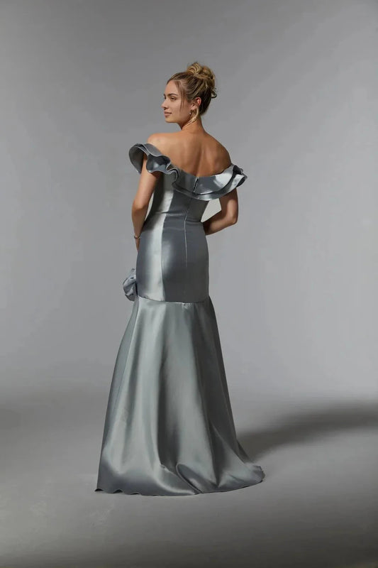 Elegant Mermaid Off-Shoulder Ruffle Sleeve Open Back Floor Length Prom Dress by YiHuiw