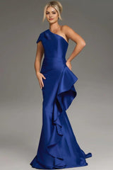 Elegant Mermaid One Shoulder Cap Sleeve Open Back Train Floor Length Prom Dress
