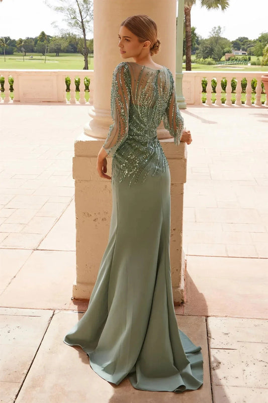 Elegant Mermaid Scoop Neck Three Quarter Sheer Sleeve Beaded Back Floor Length Prom Dress by YiHuiw
