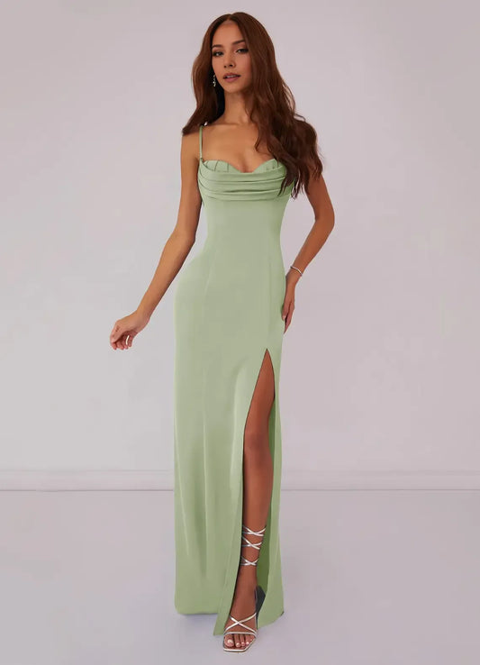 Sage Green Mermaid Spaghetti Strap Lace High Slit Floor-Length Wedding Dress - Yihuiw by Yihuiw
