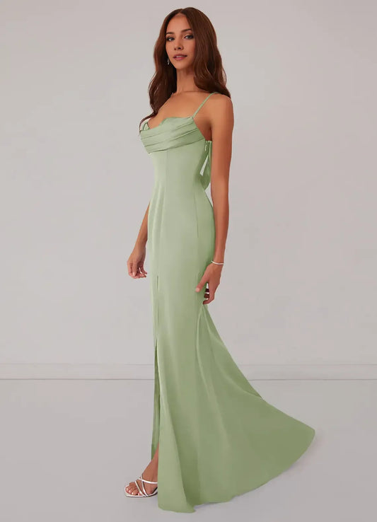 Sage Green Mermaid Spaghetti Strap Lace High Slit Floor-Length Wedding Dress - Yihuiw by Yihuiw