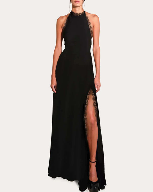 Elegant Sheath Halter Lace Trim Sleeveless Open Back Floor Length Hot Sale Prom Dress by YiHuiw