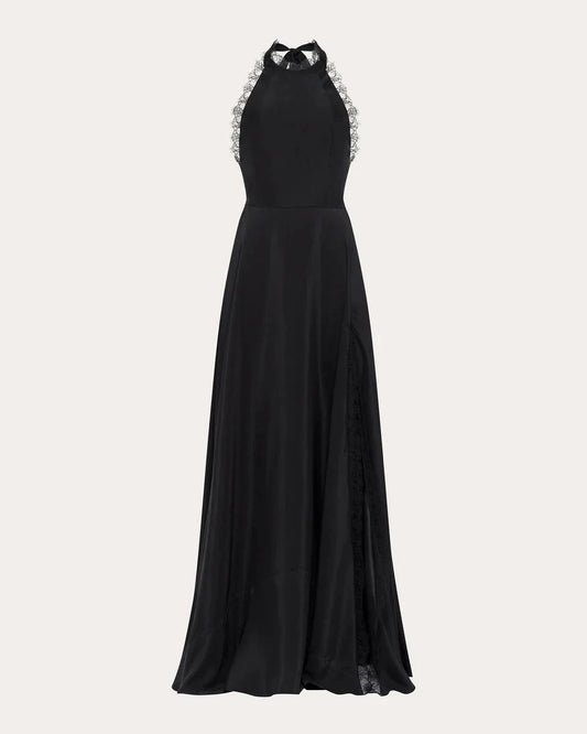 Elegant Sheath Halter Lace Trim Sleeveless Open Back Floor Length Hot Sale Prom Dress by YiHuiw