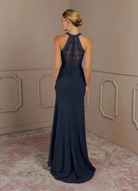 Elegant Sheath Halter Neck Sleeveless Lace Back Floor Length Mother of the Bride Dress by YiHuiw