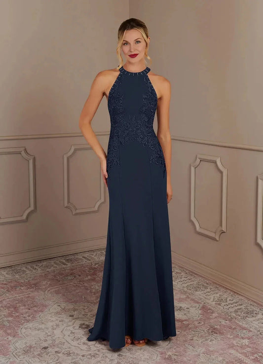 Elegant Sheath Halter Neck Sleeveless Lace Back Floor Length Mother of the Bride Dress by YiHuiw