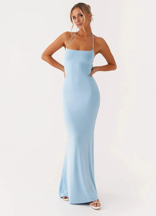 Elegant-Simple Mermaid Halter Neck Sleeveless Criss-Cross Open-Back Floor-Length Prom Dress by YiHuiw