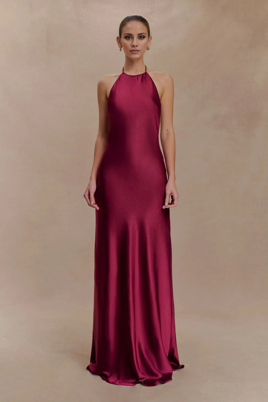 Elegant-Simple Satin Halter-Neck Sleeveless Open-Back Flowy Floor-Length Evening Dress by YiHuiw