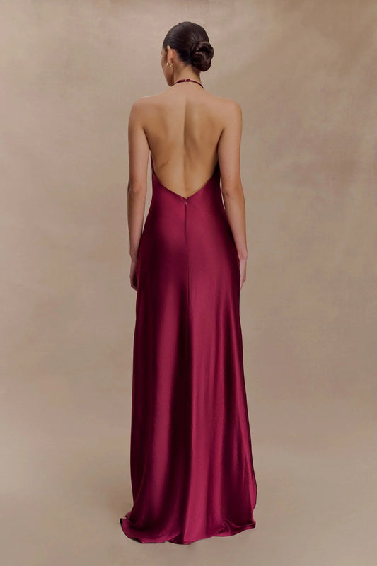 Elegant-Simple Satin Halter-Neck Sleeveless Open-Back Flowy Floor-Length Evening Dress by YiHuiw