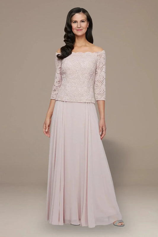 Elegant Two Piece Off Shoulder Three Quarter Sleeve Lace Back Floor Length Mother of the Bride Dress by YiHuiw