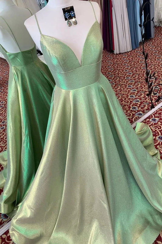 Elegant A-Line Empire V-Neck Green Long Prom Dress with Straps simple gentle atmospheric and unique desi Bring summer colors to enhance whiteness by YiHuiw