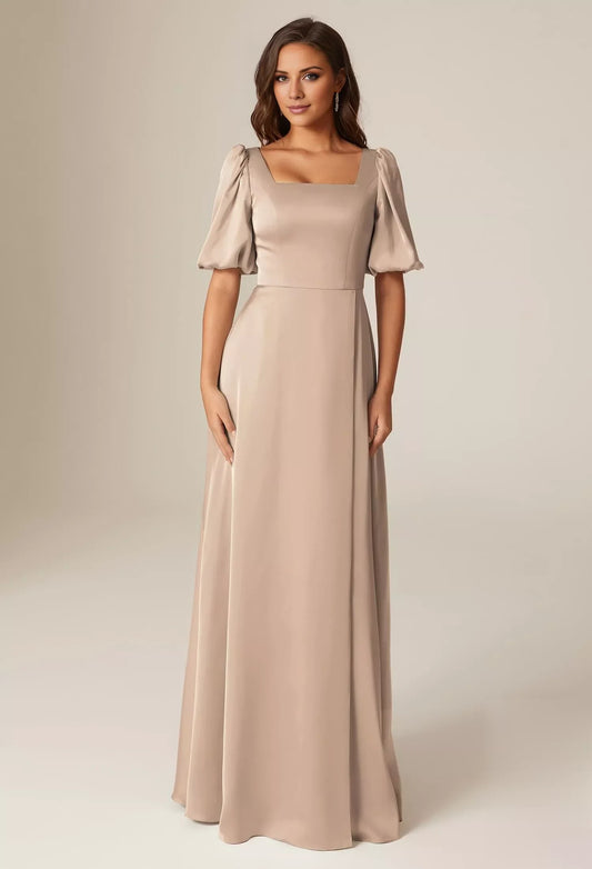 Elegant A-line Square Neckline Short Sleeves Back Zipper Floor Length Bridesmaid Dresses