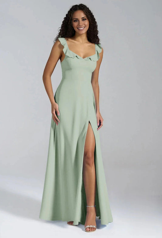 Elegant A-line V-Neck Sleeveless Back Button Side slit Floor Length Bridesmaid Dresses by YiHuiw