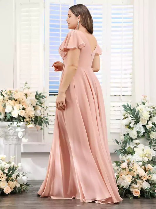 Elegant A-line V-neck short sleeved side slit chiffon oversized Bridesmaid Dresses